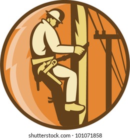 Illustration of a power lineman worker electrician climbing electricity utility post with lightning bolt set inside circle done in retro style.