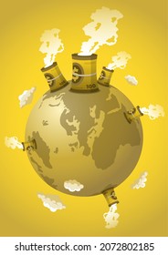 An illustration of power plan made from dollar currency paper roll on earth. Air pollution concept