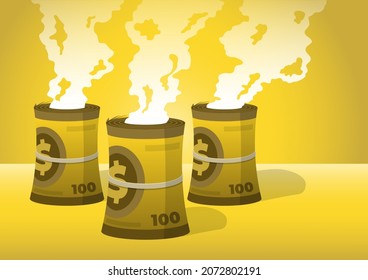 An illustration of power plan made from dollar currency roll paper. Air pollution concept