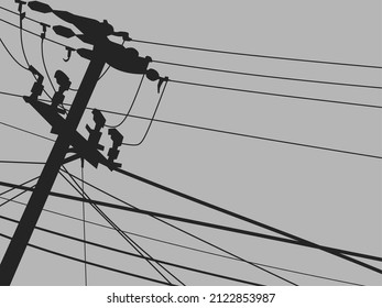 Illustration of a power pole silhouette with many wires connected to other poles 