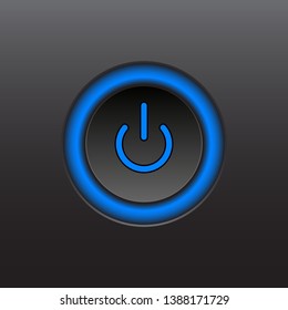 Illustration of power push button turning on and off on black silver metallic background. Start stop web icon concept.