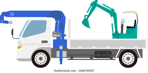 Illustration of power shovel and crane truck.