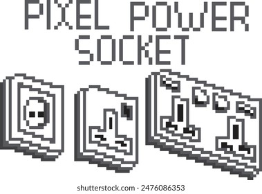Illustration power socket with switch on and off black white in pixel style. Vector simple illustration switch for website, design.