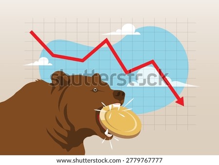 An illustration of a powerful brown bear biting down on a large gold coin represents economic recession, cryptocurrency crashes, stock market volatility, and the impact of a bear market on global finance and investments.