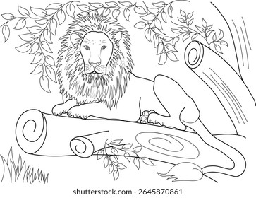 Illustration of a Powerful Male Lion Relaxing on a Log Surrounded by Nature, Black and White Outline Style.
