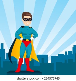 Illustration of powerful strong man hands on hips pose with superhero costume watching city skyline