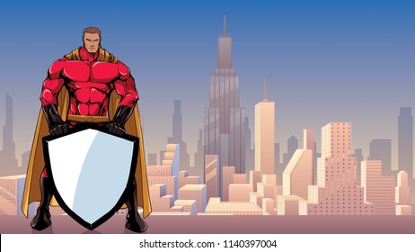 Illustration of powerful superhero holding big shield on city background.