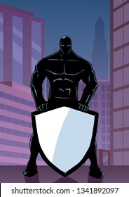 Illustration of powerful superhero holding big shield on city background.