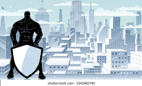 Illustration of powerful superhero holding big shield on winter city background.