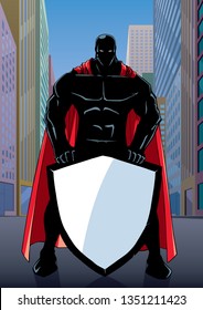 Illustration of powerful superhero holding big shield on city background.