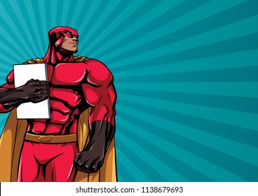 Illustration of powerful superhero holding book, magazine or comics. You can use the copy space on the cover as you wish.  