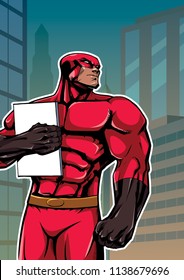 Illustration of powerful superhero holding book, magazine or comics. You can use the copy space on the cover as you wish.  