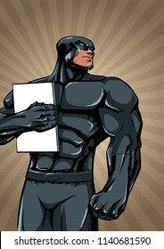 Illustration of powerful superhero holding book, magazine or comics. 