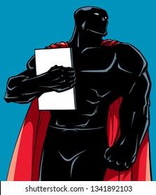 Illustration of powerful superhero holding book, magazine or comics. You can use the copy space on the cover as you wish.