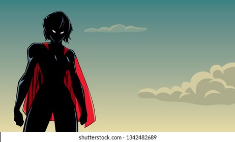 Ilustración de la poderosa superheroína posando sobre el fondo del cielo.