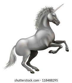 Illustration of a powerful unicorn rearing on its hind legs