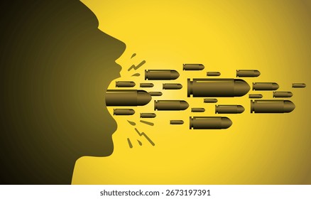 Una ilustración visualiza poderosamente el impacto de las palabras dañinas. La silueta de la cabeza de una persona con la boca abierta, desde la cual se está disparando una descarga de balas