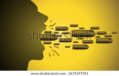 An illustration powerfully visualizes the impact of harmful words. The silhouette of a person's head with their mouth wide open, from which a volley of bullets is being shot out