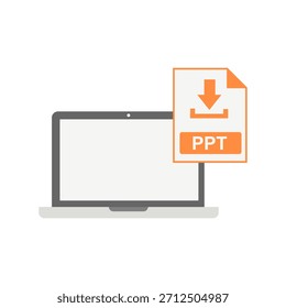 An illustration of a PowerPoint presentation file being downloaded to a laptop computer. This is a flat vector graphic on a white background.