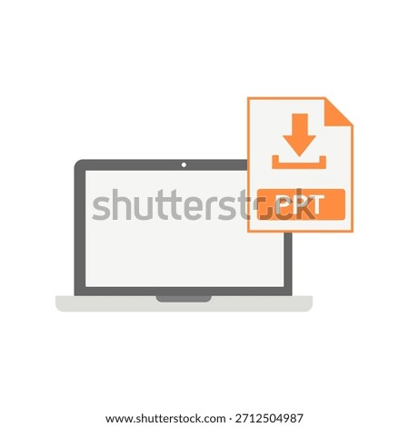 An illustration of a PowerPoint presentation file being downloaded to a laptop computer. This is a flat vector graphic on a white background.
