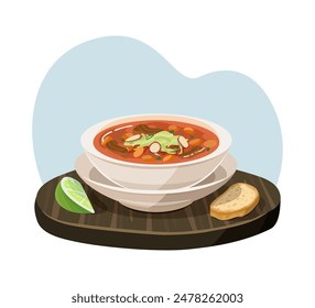 Illustration of pozole soup with lime and bread on wooden board. Digital food art. Mexican cuisine and traditional dish.