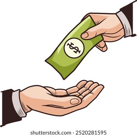 ilustração da prática de suborno, suborno, corrupção, tirar as mãos empurrando o dinheiro 