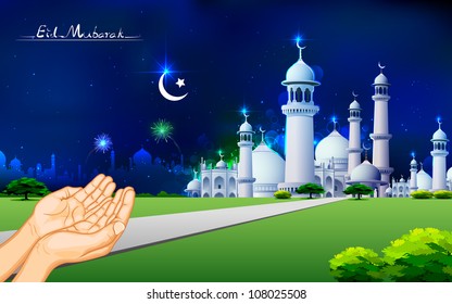 illustration of praying hand in front of mosque in Eid night