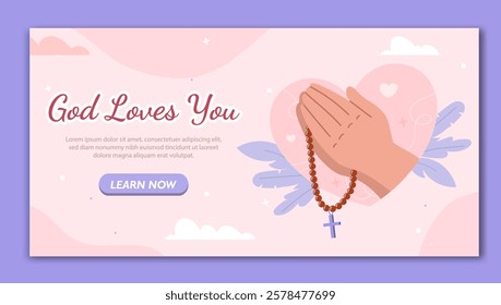 Illustration of praying hands holding a rosary with a cross, set against a pink heart background with decorative elements. Flat style design concept of faith. Vector illustration.