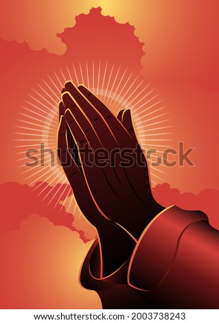 An illustration of Praying hands on red clouds background. Biblical Series