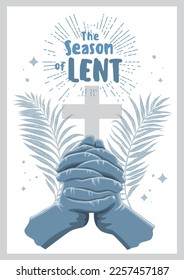 An illustration of praying hands with palm leaves on the background