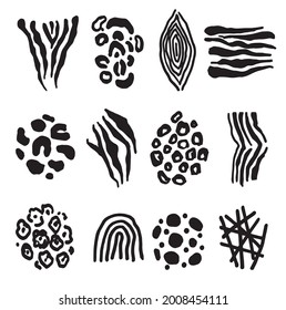 Illustration of a predatory print, tiger spots, leopard, zebra, jaguar, cheetah, on a white background.