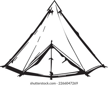 Illustration of a prefabricated modern tent in black and white 2D form. Using medium ink style. Tent design uses basic shapes such as domes and cones.