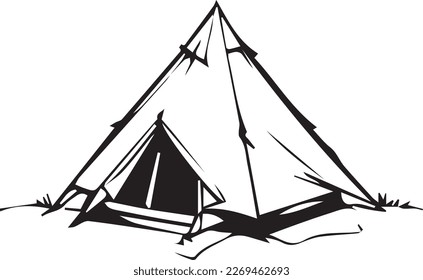 Illustration of a prefabricated modern tent in black and white 2D form. Using medium ink style. Tent design uses basic shapes such as domes and cones.

