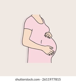 An illustration of pregnancy-related vector design in which a pregnant woman gently cradles her full-term belly.