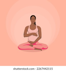 Illustration pregnant brunette woman doing yoga on a pink background with shining