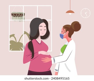 Illustration of pregnant brunette woman visiting female doctor in clinic