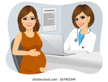 illustration of pregnant brunette woman visiting female doctor  in clinic