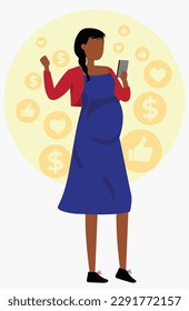 Illustration of pregnant business brunette woman with cell phone in hand, happy, celebrating, mother's day, woman in blue dress and jacket, braided hair, brown skin cell phone, social media