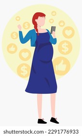 Illustration of pregnant business redhead woman with cell phone in hand, happy, celebrating, mother's day, red hair, braided hair, white skin cell phone, social media