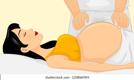 Illustration of a Pregnant Girl Lying Down with Hands of a Reiki Practitioner Over Her Tummy