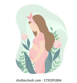 Illustration of a pregnant girl in a pink dress on a floral background, vector illustration on a flat style