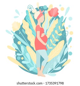 Illustration of a pregnant girl in a red dress on a floral background, vector illustration on a flat style