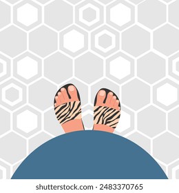 Illustration of a pregnant girl with a tummy. First-person view of tummy and legs from above with pedicure. Vector