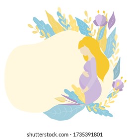 Illustration of a pregnant girl in a violet dress on a floral background, place fortext, vector illustration on a flat style