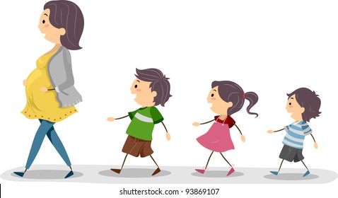 Illustration of a Pregnant Mom Being Followed by Her Kids