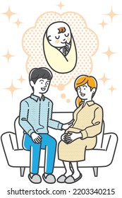 Illustration of a pregnant wife and husband sitting on a sofa