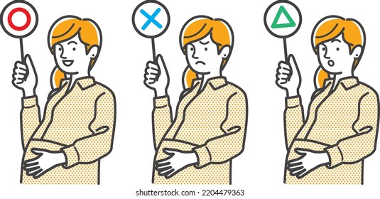 Illustration of a pregnant woman answering with a plate of correct, incorrect, and neither