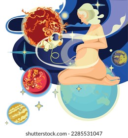 Illustration Pregnant woman, baby astronaut. Universe. space. planets. design.