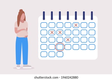 Illustration of pregnant woman. Pregnant calendar. Young woman planning dates on the calendar. Colorful flat vector illustration.
