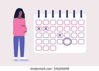 Illustration of pregnant woman. Pregnant calendar. Young woman planning dates on the calendar. Colorful flat vector illustration.